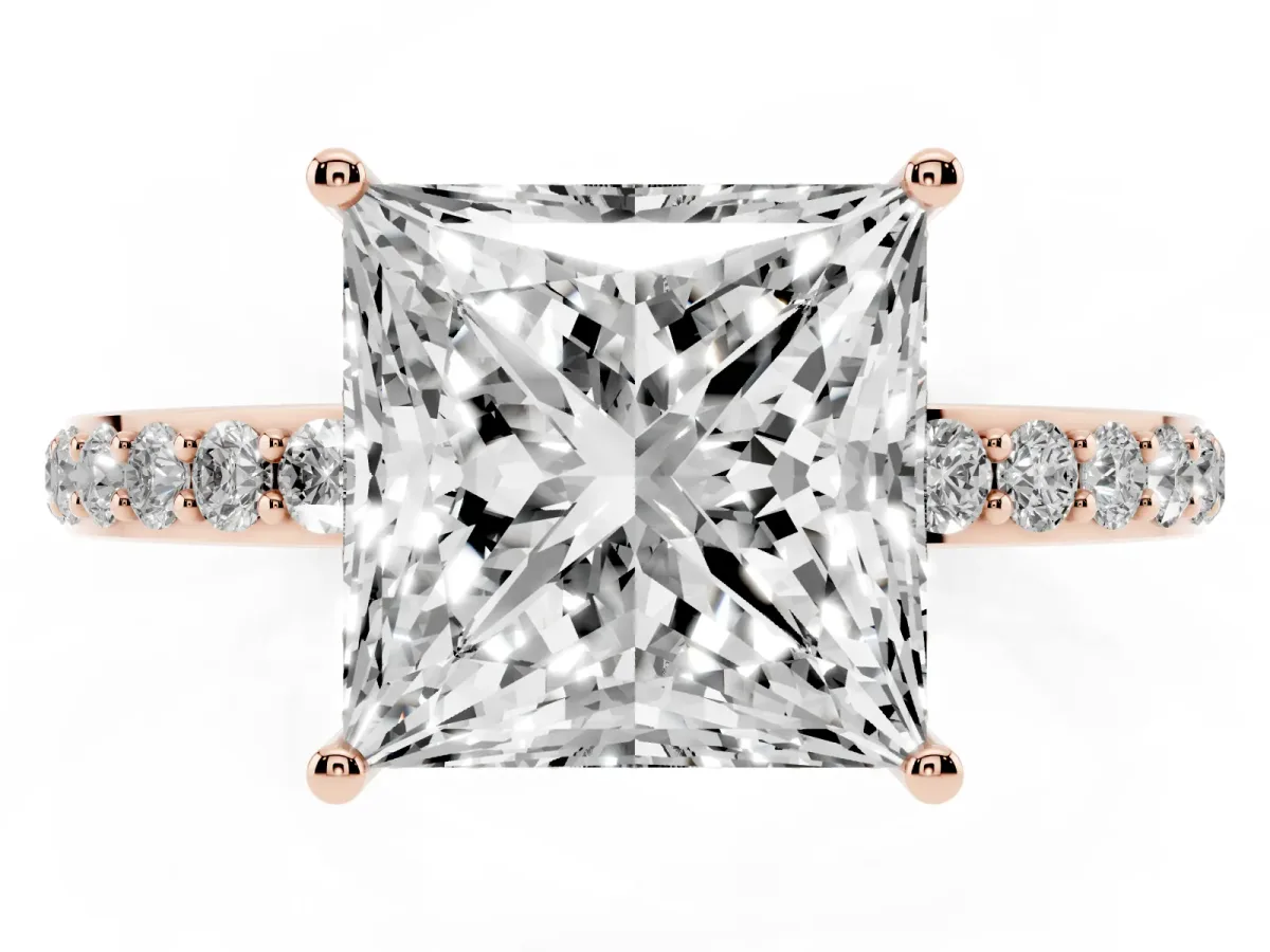 Princess Cut Diamond Solitaire Ring with Pavé Band and Hidden Halo Rose gold