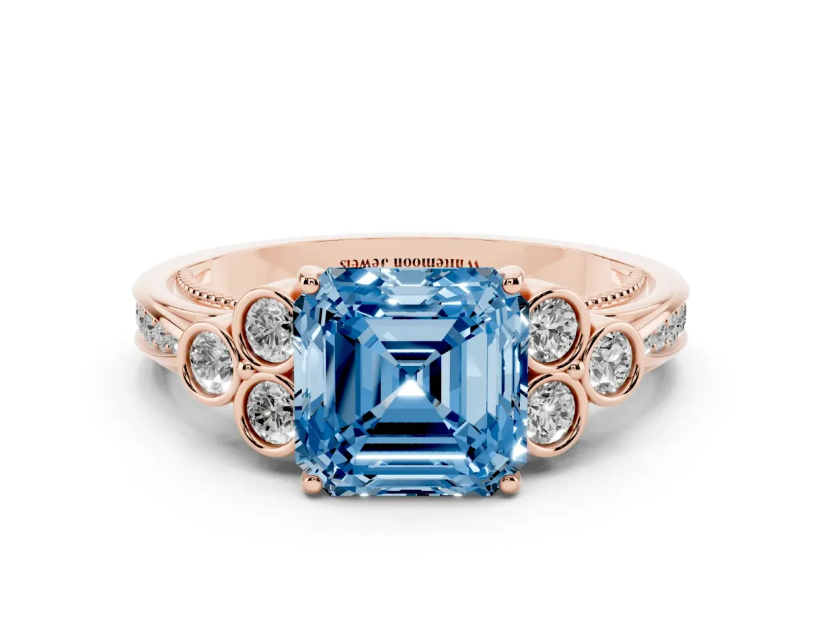 Fancy Blue Asscher Cut Cut Diamond Engagement Ring with Bezel Set Round Side Stones and Prong Setting Rose gold