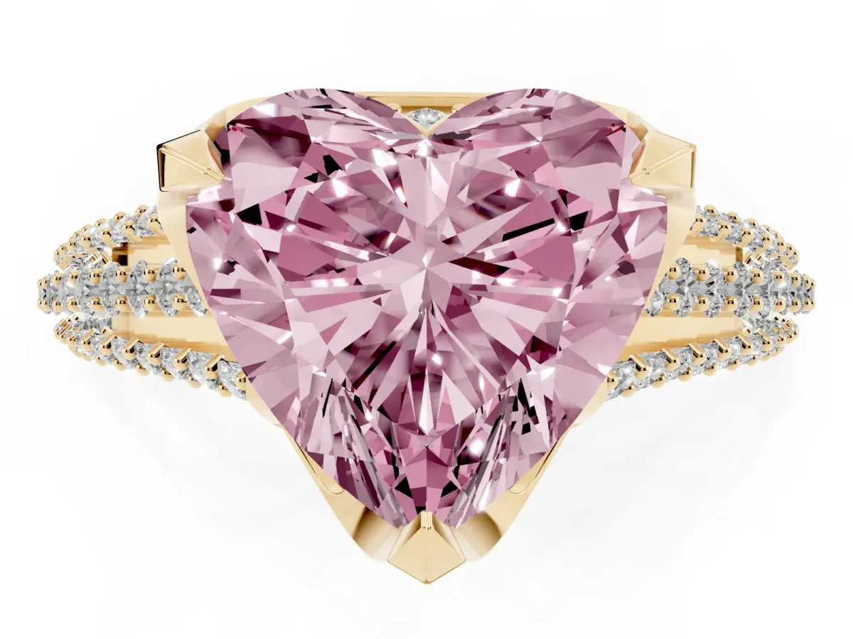 Fancy Pink Heart Cut Solitaire Pave Split Shank Ring with Four-Prong Setting Yellow gold