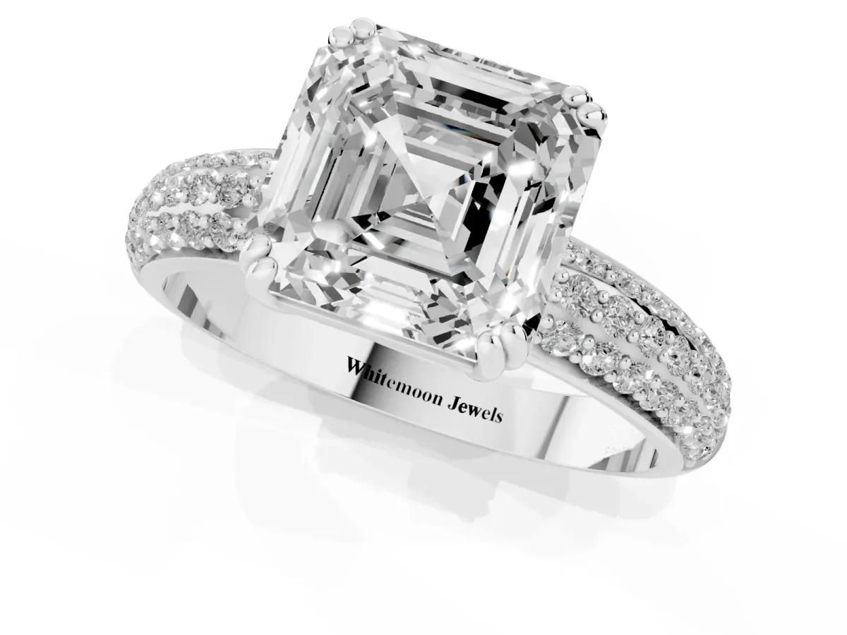 Asscher Cut Diamond Solitaire Ring with Multi-Row Round Pavé Band and Prong Setting Silver
