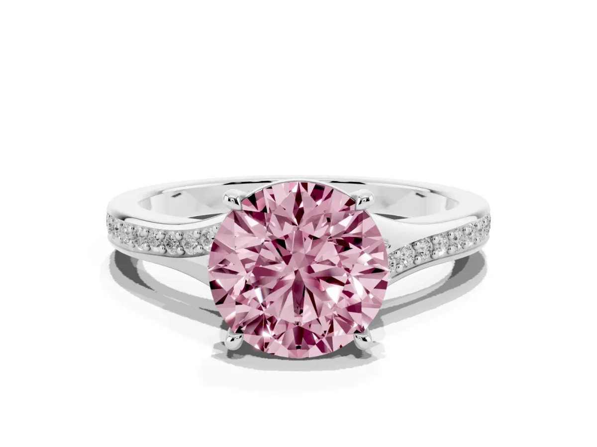 Fancy Pink Round Cut Diamond Solitaire Ring with Pavé Band and Prong Setting Silver