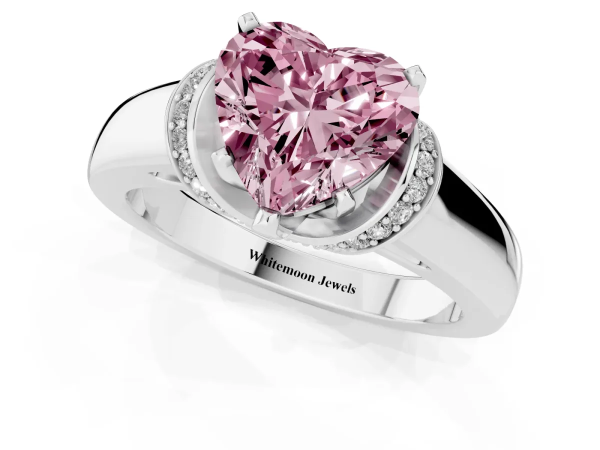 Fancy Pink Heart Cut Solitaire Diamond Ring with Pave Band and Six-Prong Setting Platinum