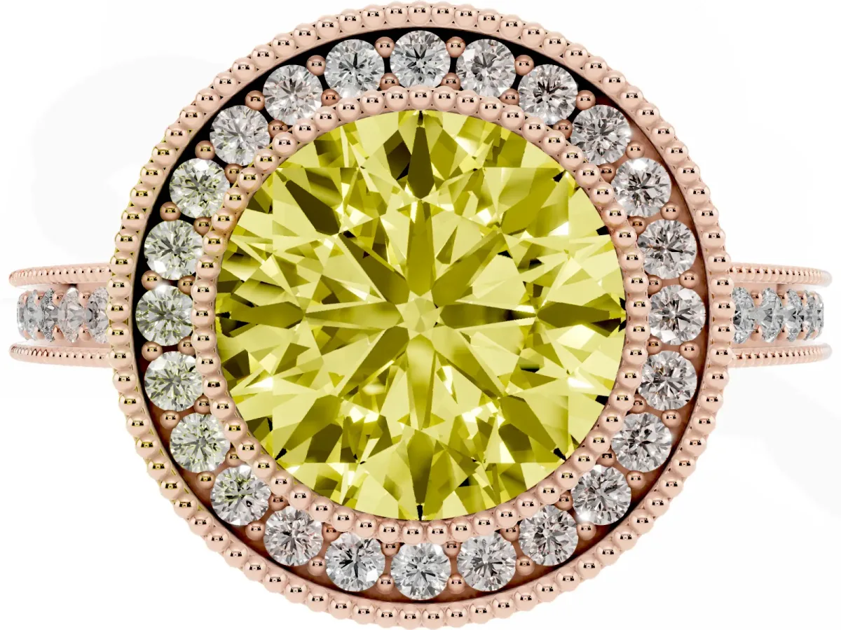 Fancy Yellow Round Cut Cut Halo Diamond Ring with Pavé Band and Milgrain Prong Setting Rose gold