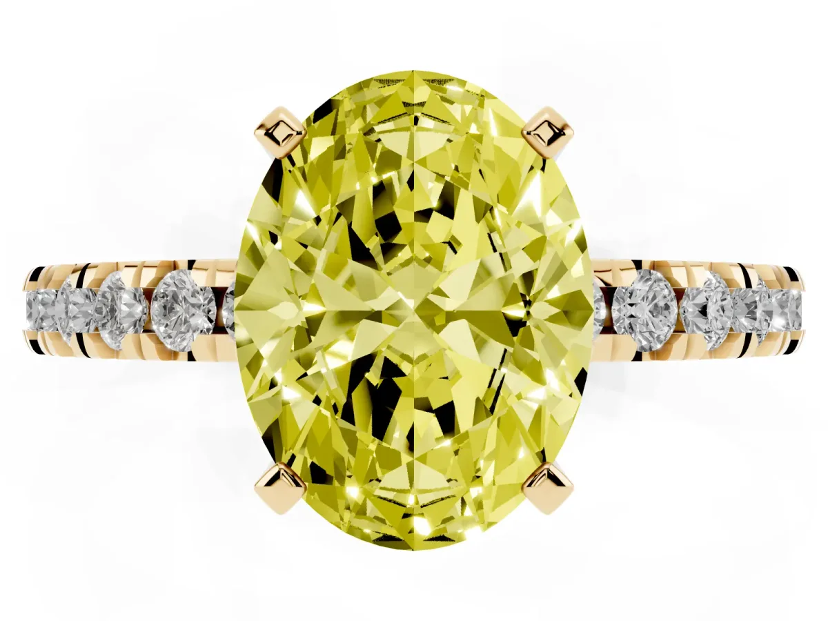 Fancy Yellow Oval Cut Diamond Pavé Band Solitaire with Four-Prong Setting Yellow gold