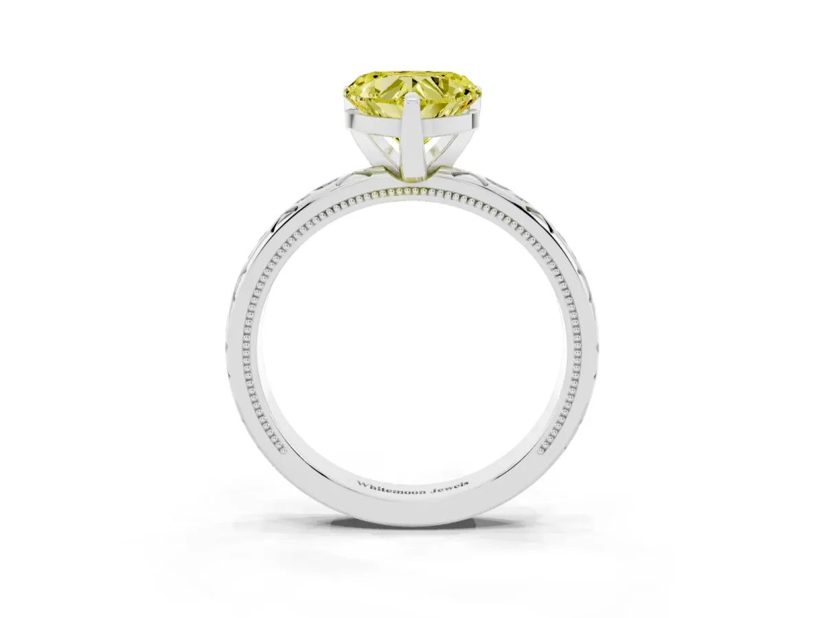 Fancy Yellow Heart Cut Solitaire Engagement Ring with Scrollwork Band and Four-Prong Setting Platinum