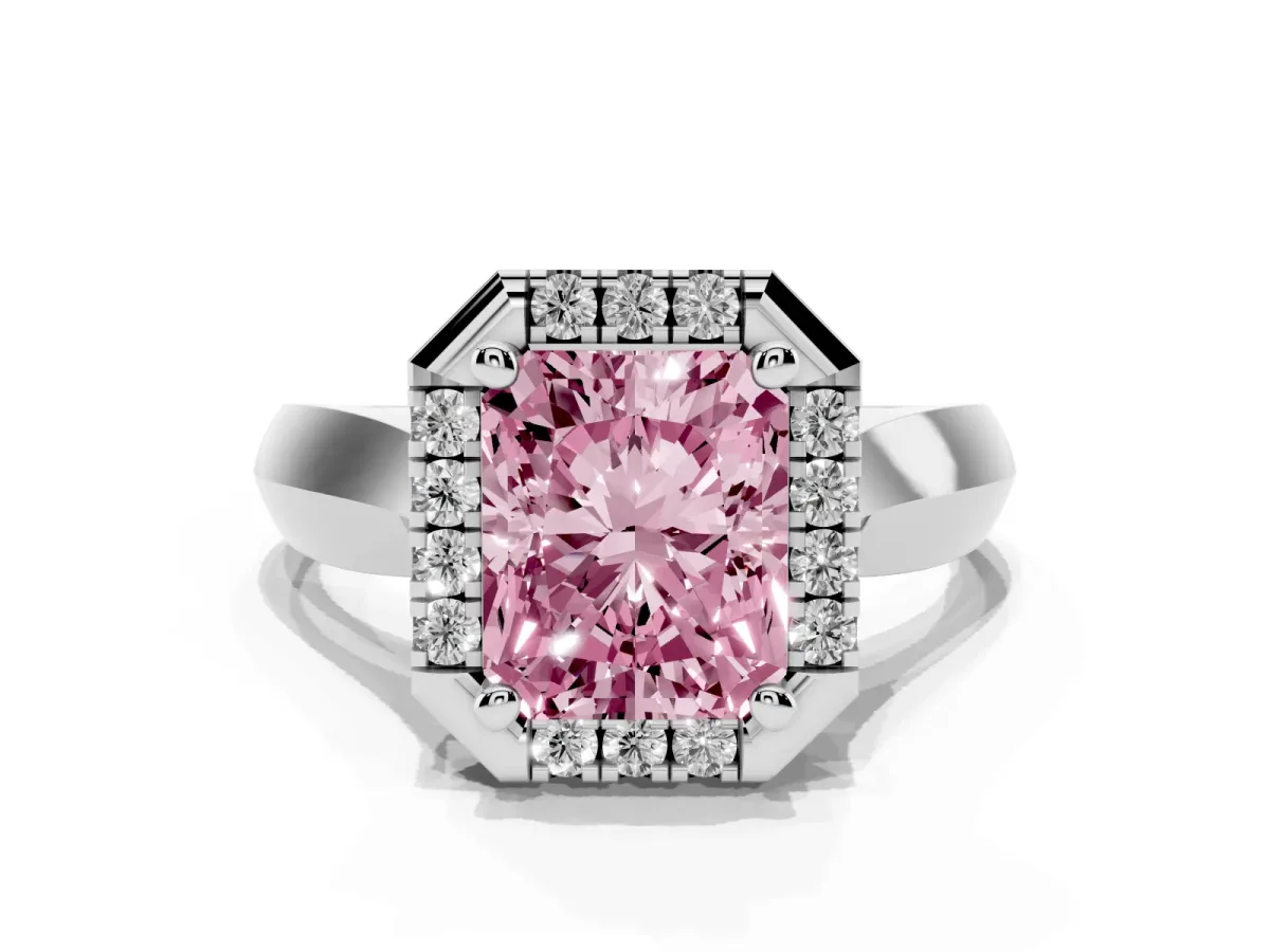 Fancy Pink Radiant Cut Cut Halo Solitaire Engagement Ring with Square Band and Four-Prong Setting White gold