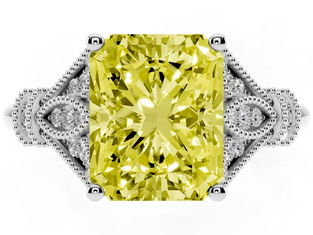 Fancy Yellow Radiant Cut Diamond Solitaire Ring with Floral Filigree and Pave Accents Silver