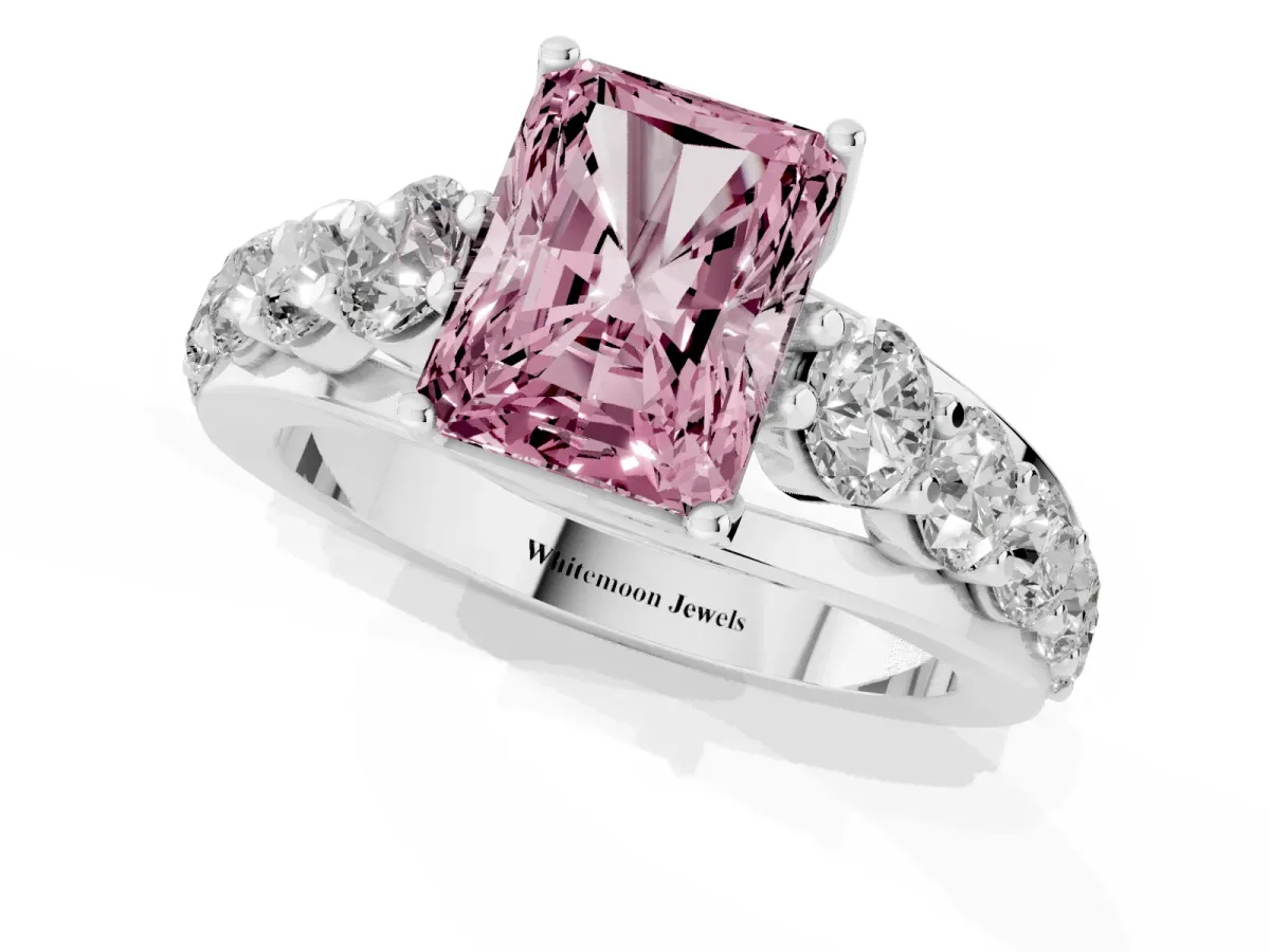 Fancy Pink Radiant Cut Diamond Engagement Ring with Pavé Band and Four-Prong Setting Platinum