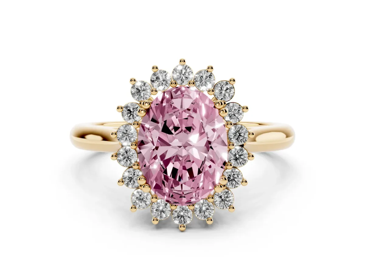 Fancy Pink Oval Cut Cut Diamond Halo Ring with Solitaire Band and Prong Setting Yellow gold
