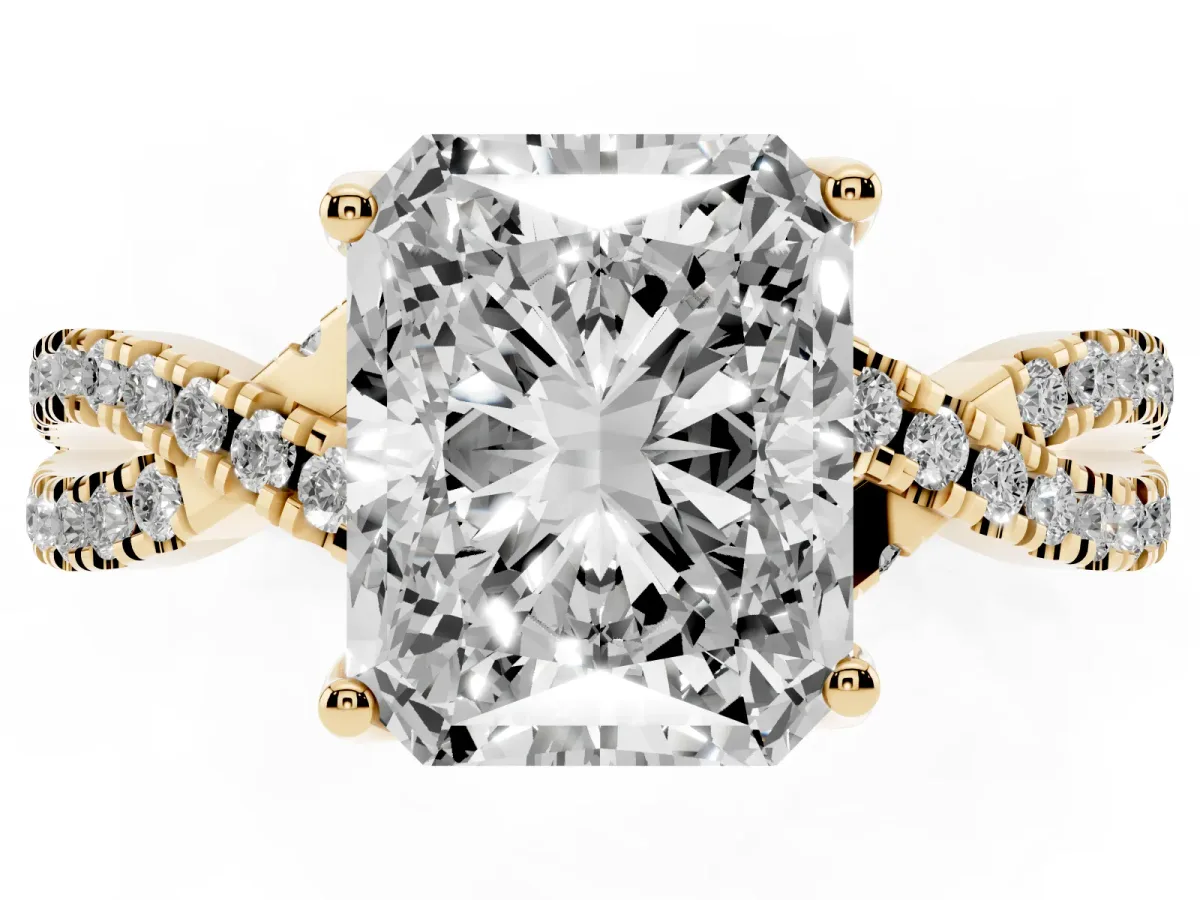 Radiant Cut Solitaire Twist Pave Diamond Engagement Ring with Prong Setting Yellow gold