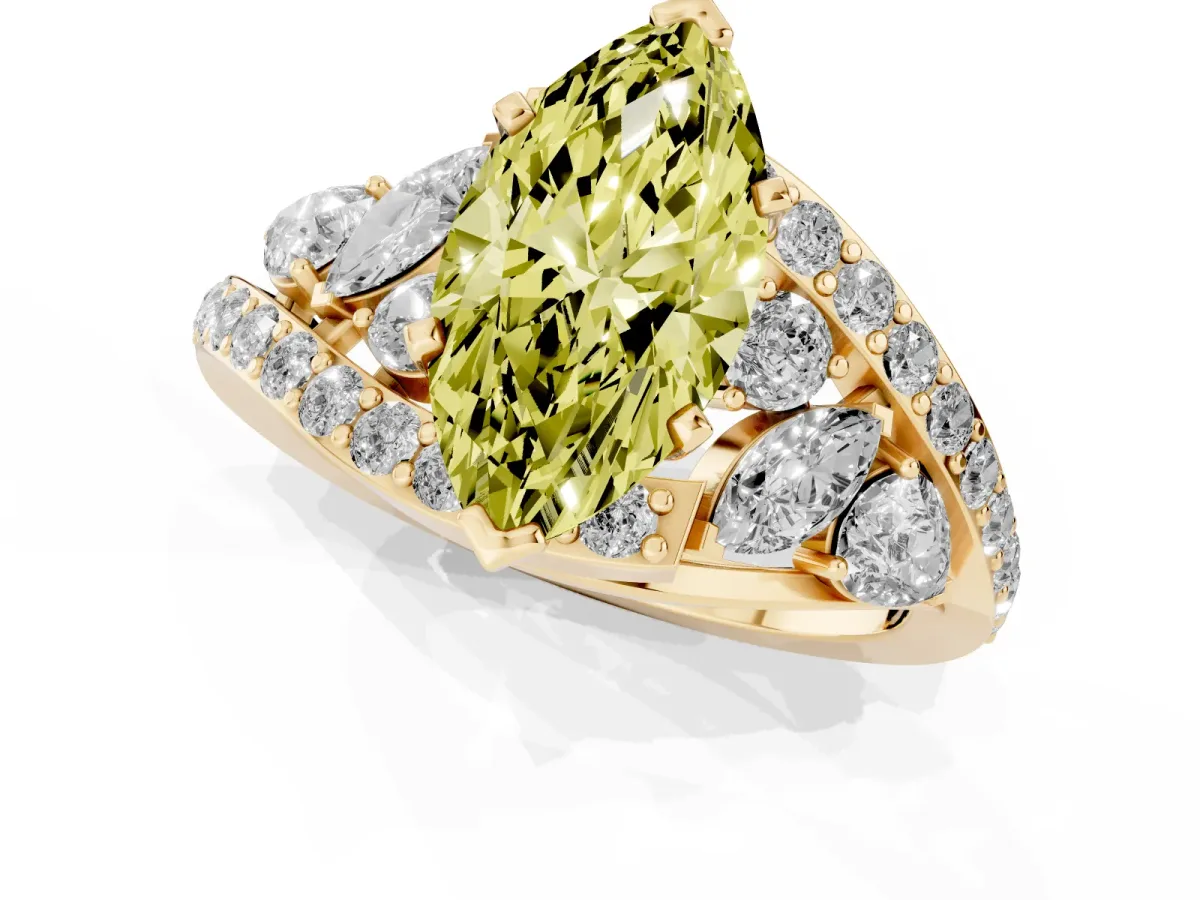 Fancy Yellow Marquise Cut Diamond Halo Ring with Marquise and Pavé Band in Prong Setting Yellow gold