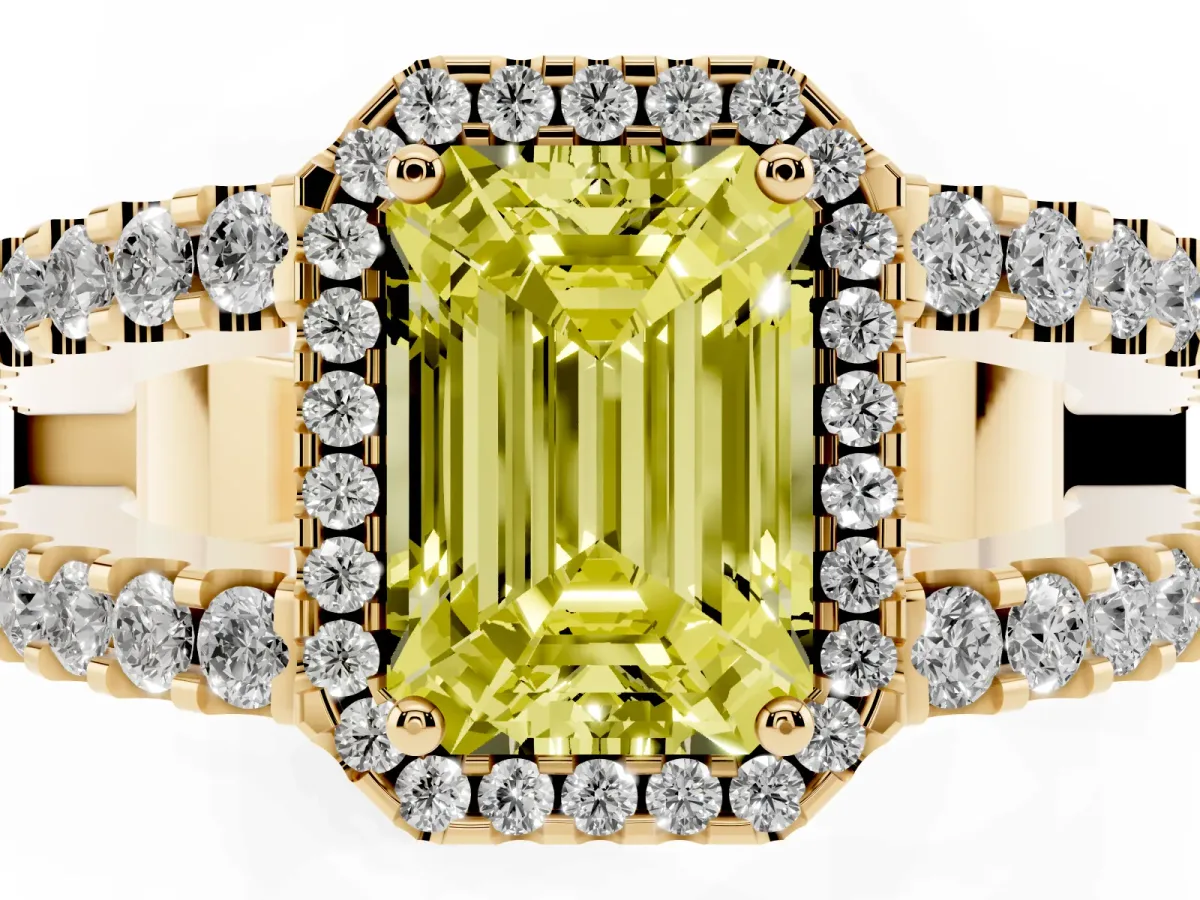 Fancy Yellow Emerald Cut Cut Halo Split Shank Diamond Ring with Four-Prong Setting Yellow gold
