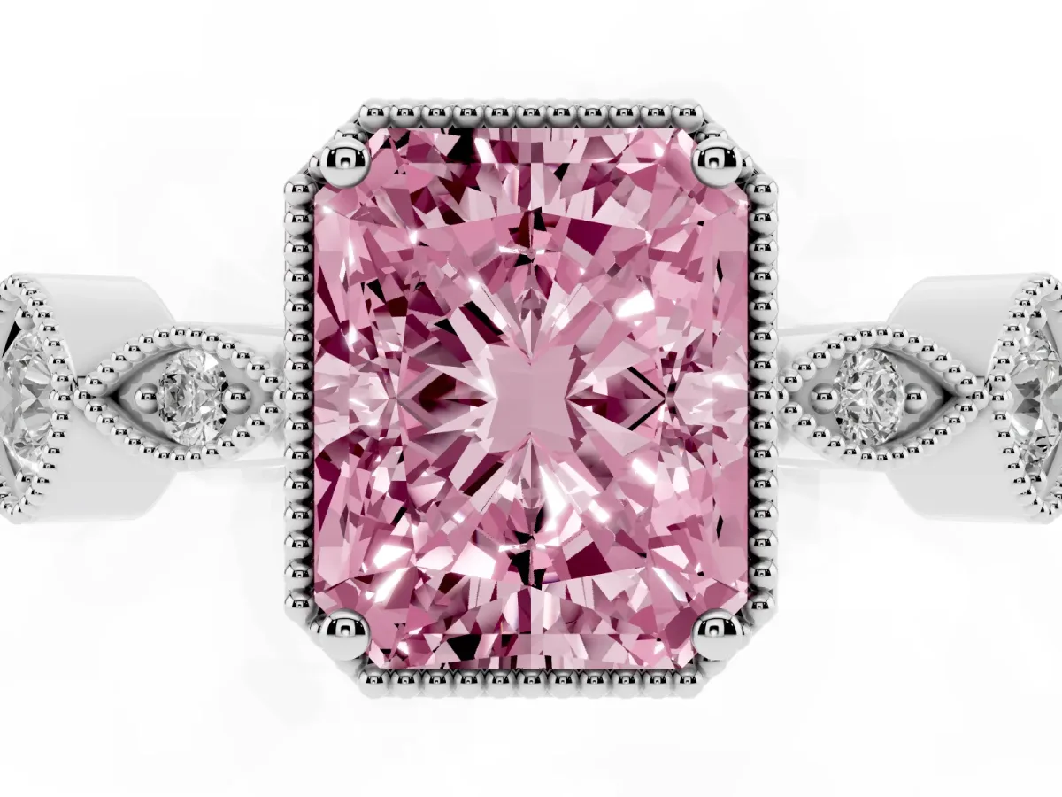 Fancy Pink Radiant Cut Diamond Vintage Milgrain Ring with Round Stations Silver