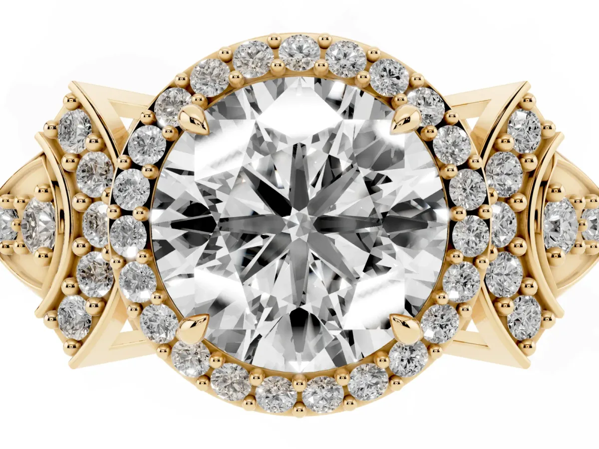 Round Cut Halo Diamond Split Shank Engagement Ring with Four-Prong Setting Yellow gold