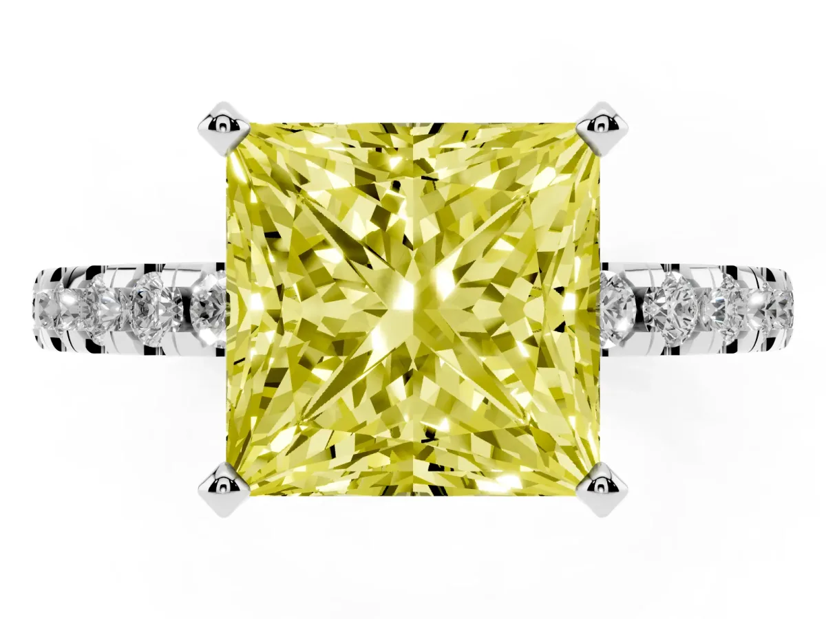 Fancy Yellow Princess Cut Diamond Solitaire Ring with Round Pavé Band and Four-Prong Setting Silver