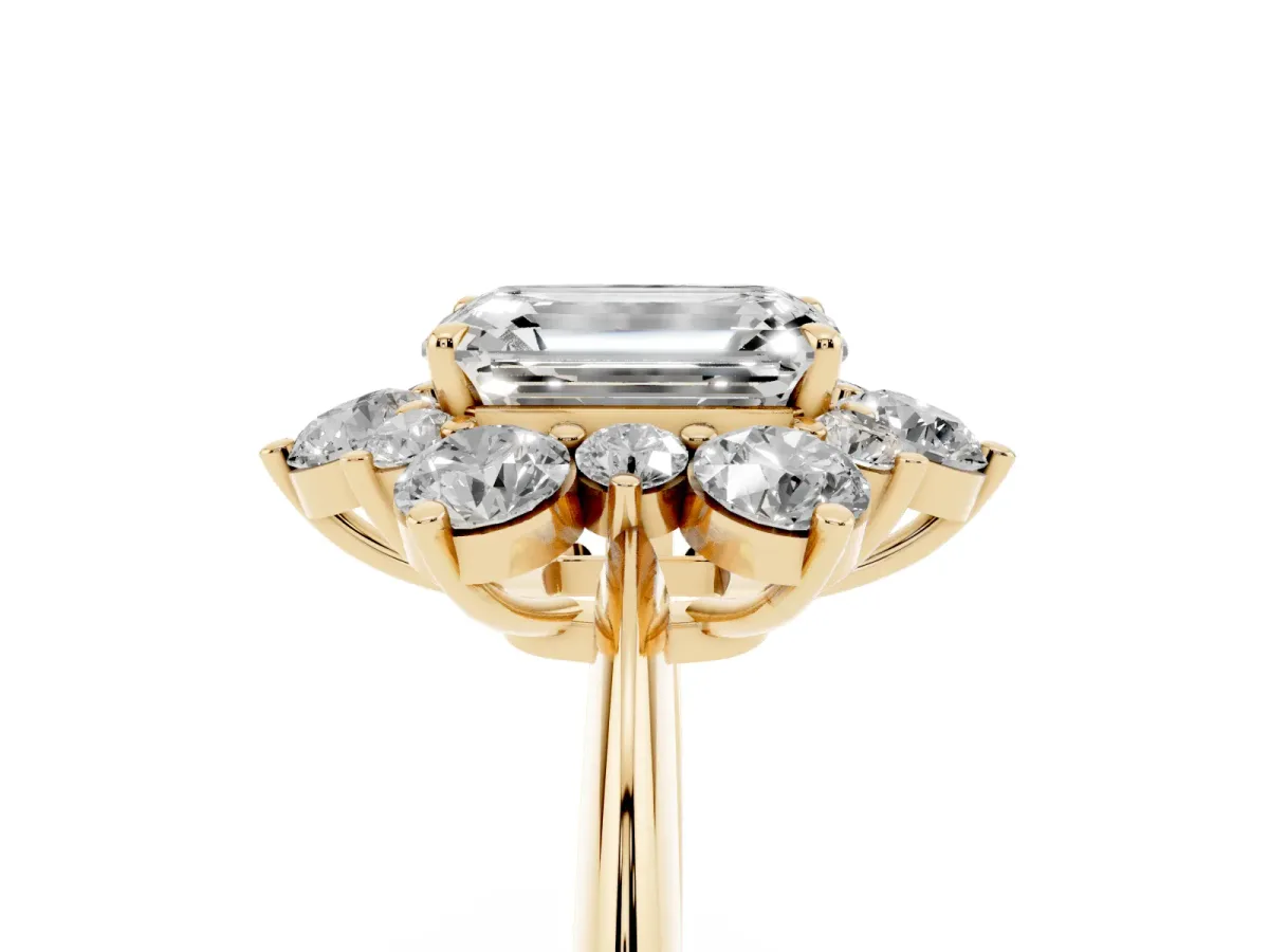 Emerald Cut Diamond Cluster Halo Ring with Solitaire Band and Four-Prong Setting Yellow gold