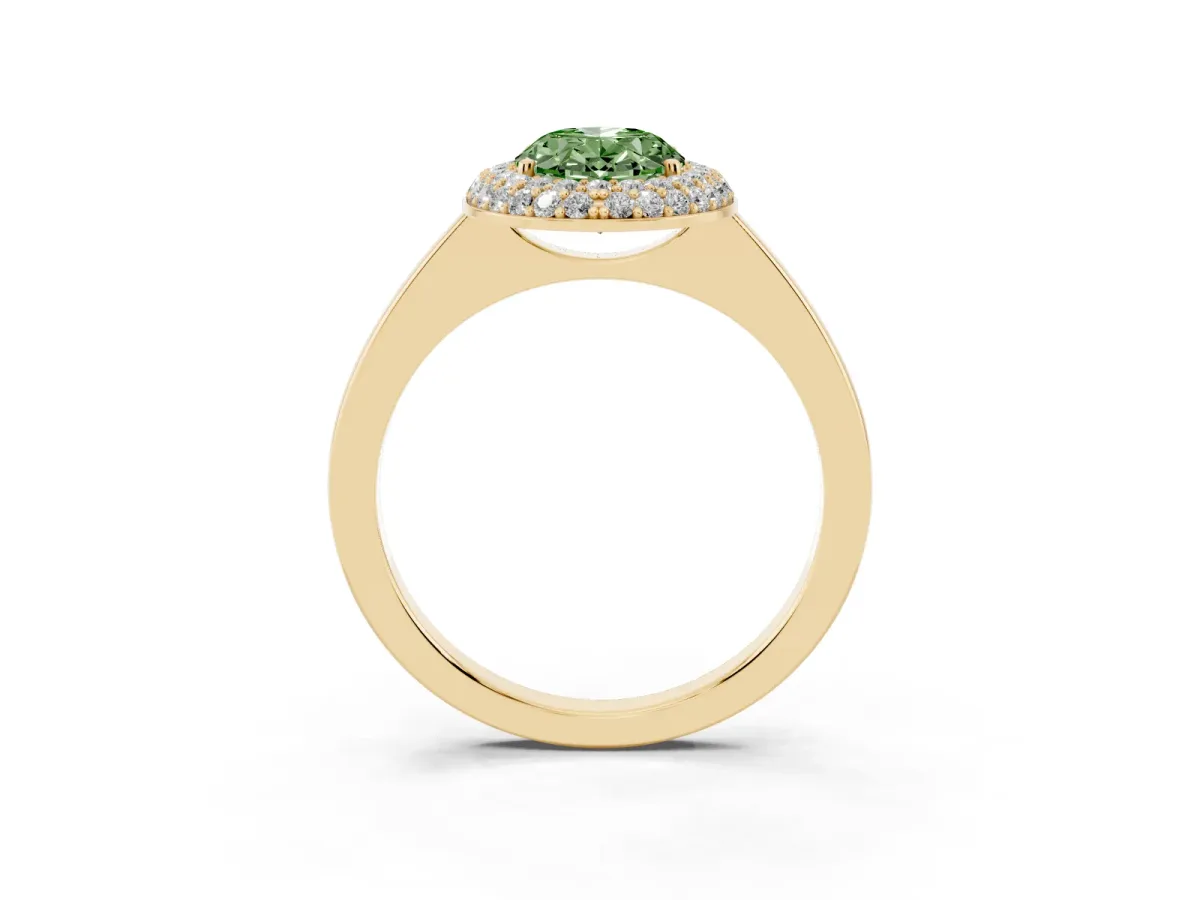 Fancy Green Oval Cut Halo Diamond Engagement Ring with Solitaire Band and Four-Prong Setting Yellow gold