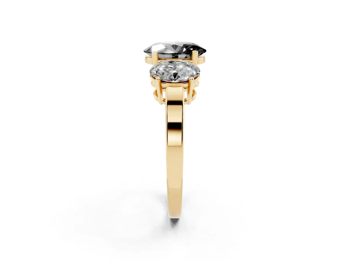 Fancy Black Three-Stone Oval Cut Cut Diamond Engagement Ring with Flat Band and Four-Prong Setting Yellow gold