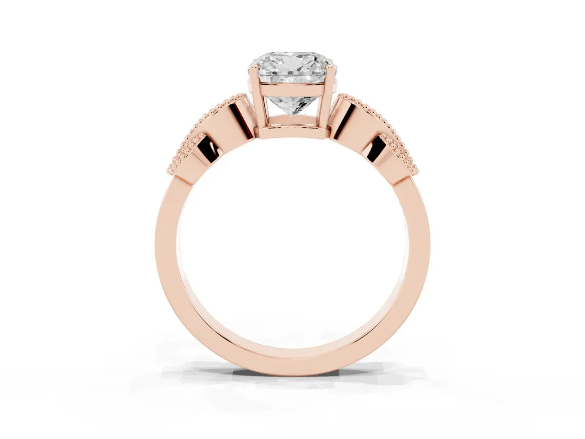 Cushion Cut Solitaire Milgrain Leaf Band with Prong Setting Rose gold