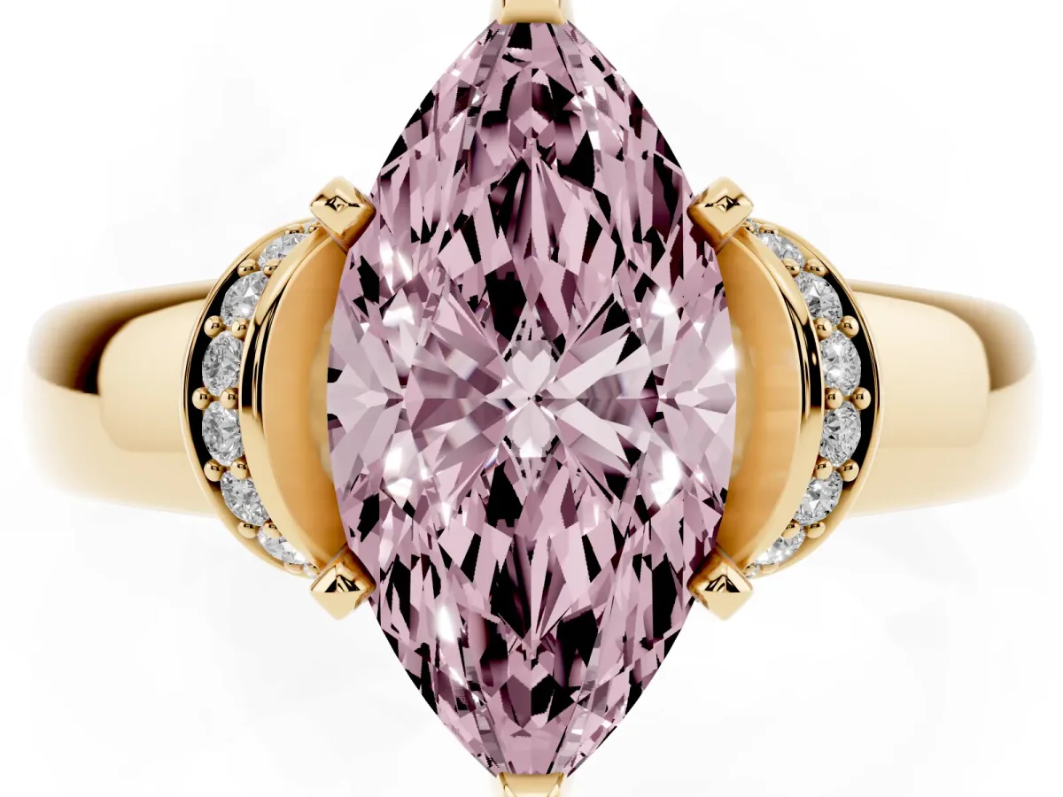 Fancy Pink Marquise Cut Solitaire Diamond Ring with Pave Band and Six-Prong Setting Yellow gold