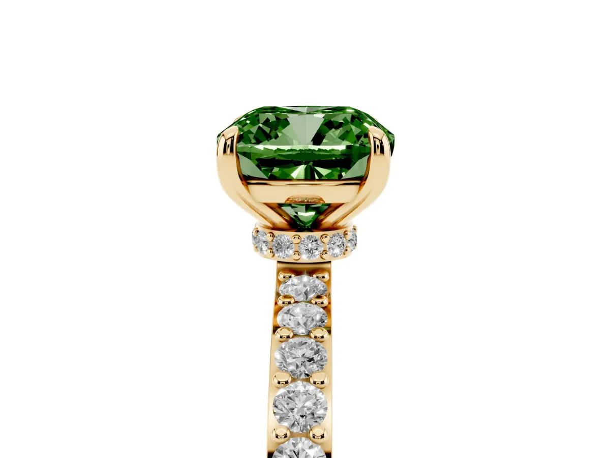 Fancy Green Cushion Cut Diamond Solitaire Engagement Ring with Pavé Band and Four-Prong Setting Yellow gold