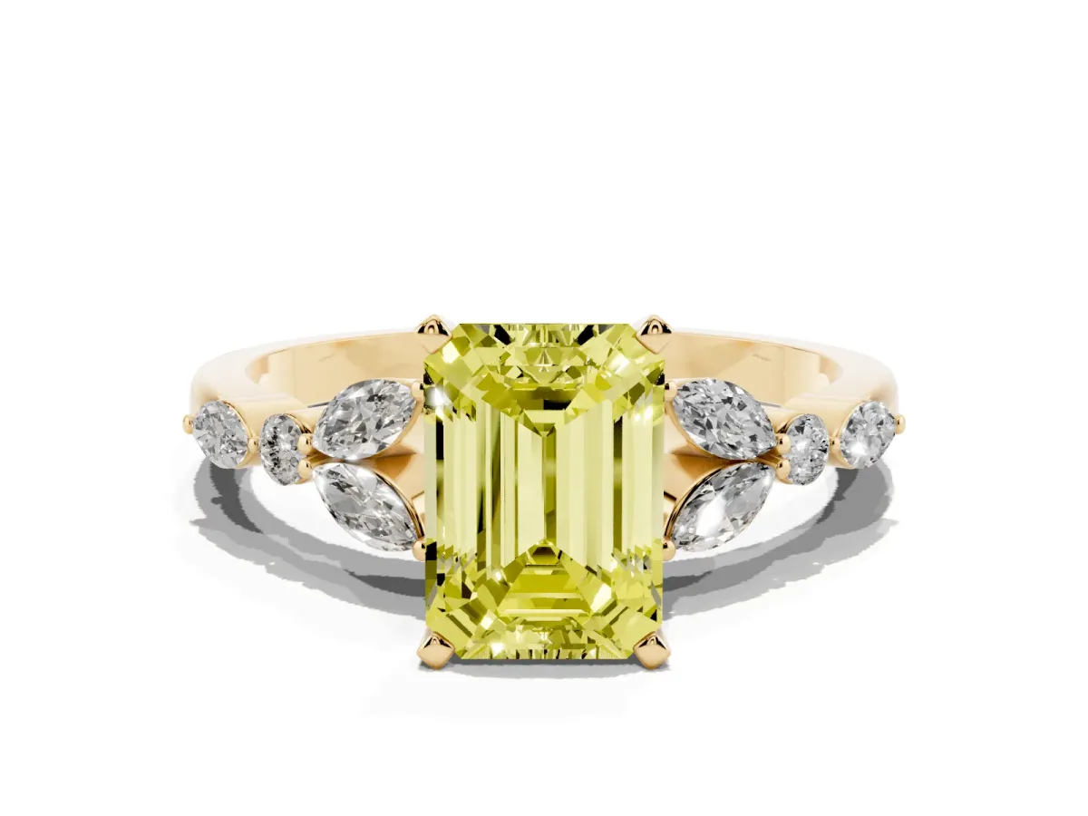 Fancy Yellow Emerald Cut Diamond Solitaire Ring with Side Stones and Four-Prong Setting Yellow gold