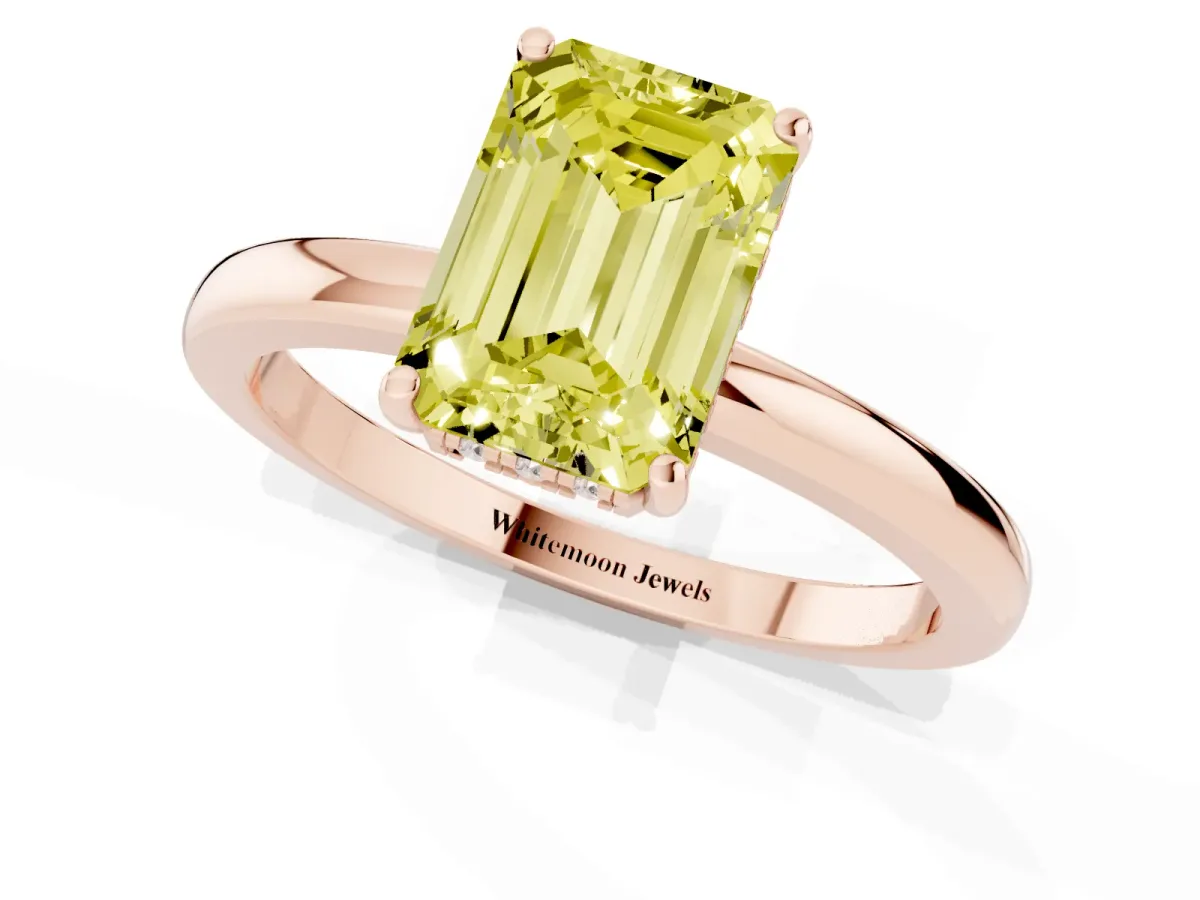 Fancy Yellow Emerald Cut Solitaire Diamond Ring with Prong Setting and Plain Band Rose gold