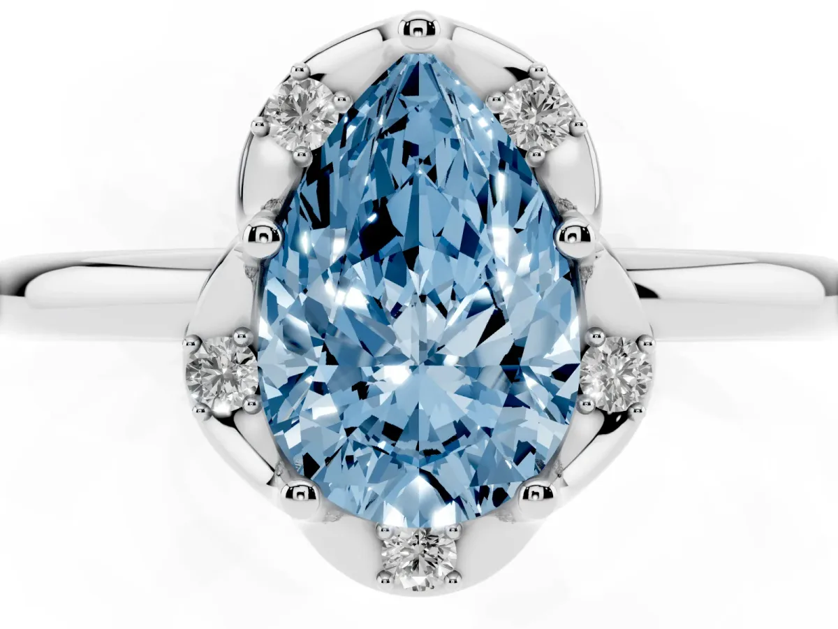 Fancy Blue Pear Cut Halo Diamond Ring with Round Cluster Setting, Solitaire Band, and Four-Prong Setting Silver