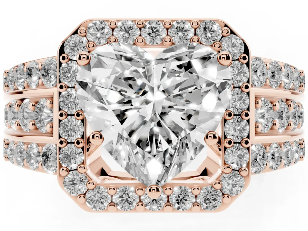 Heart Cut Halo Diamond Ring with Round Split Shank and Prong Setting Rose gold