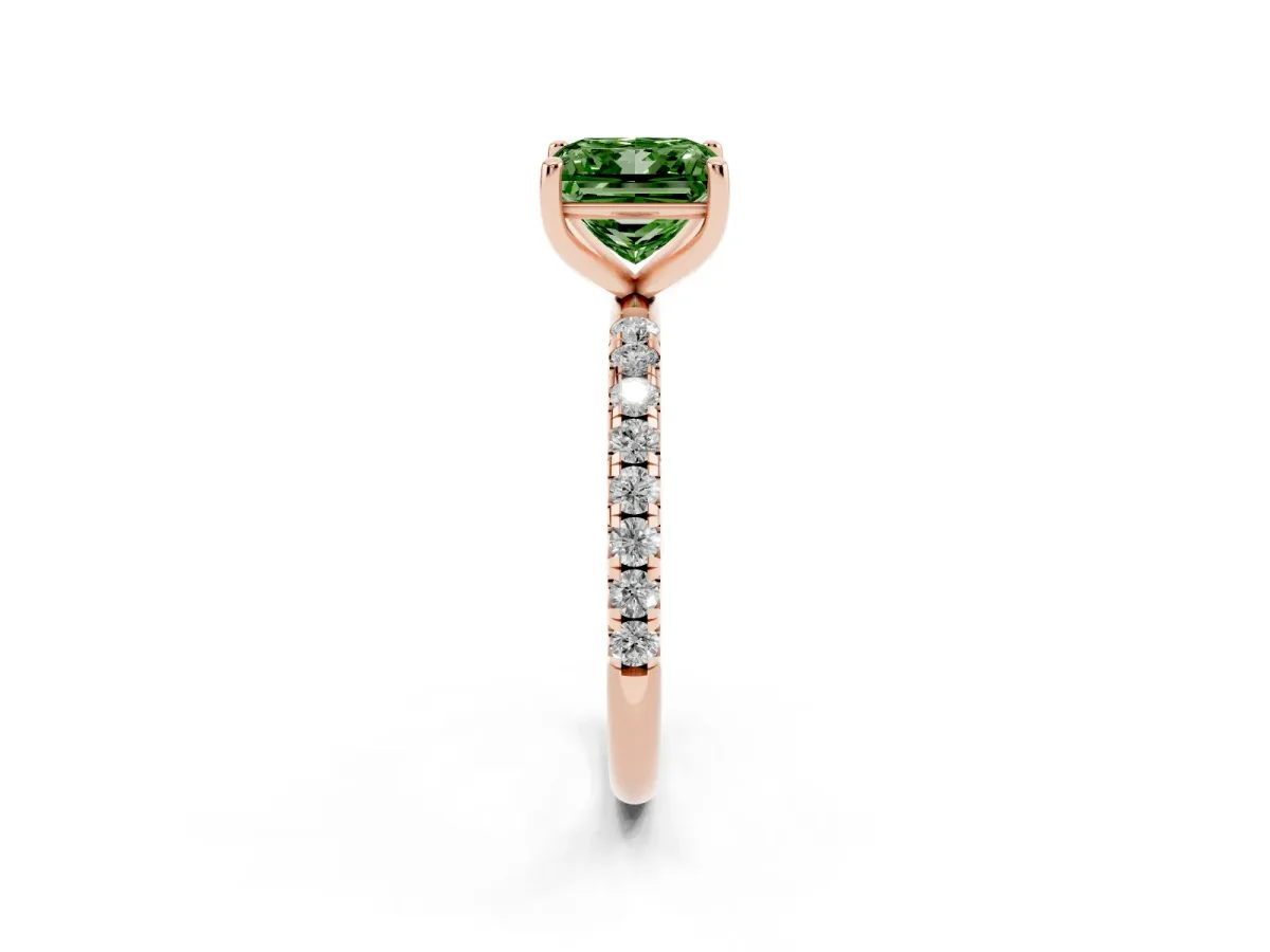 Fancy Green Princess Cut Cut Diamond Solitaire Ring with Micro Pave Band and Four Prong Setting Rose gold