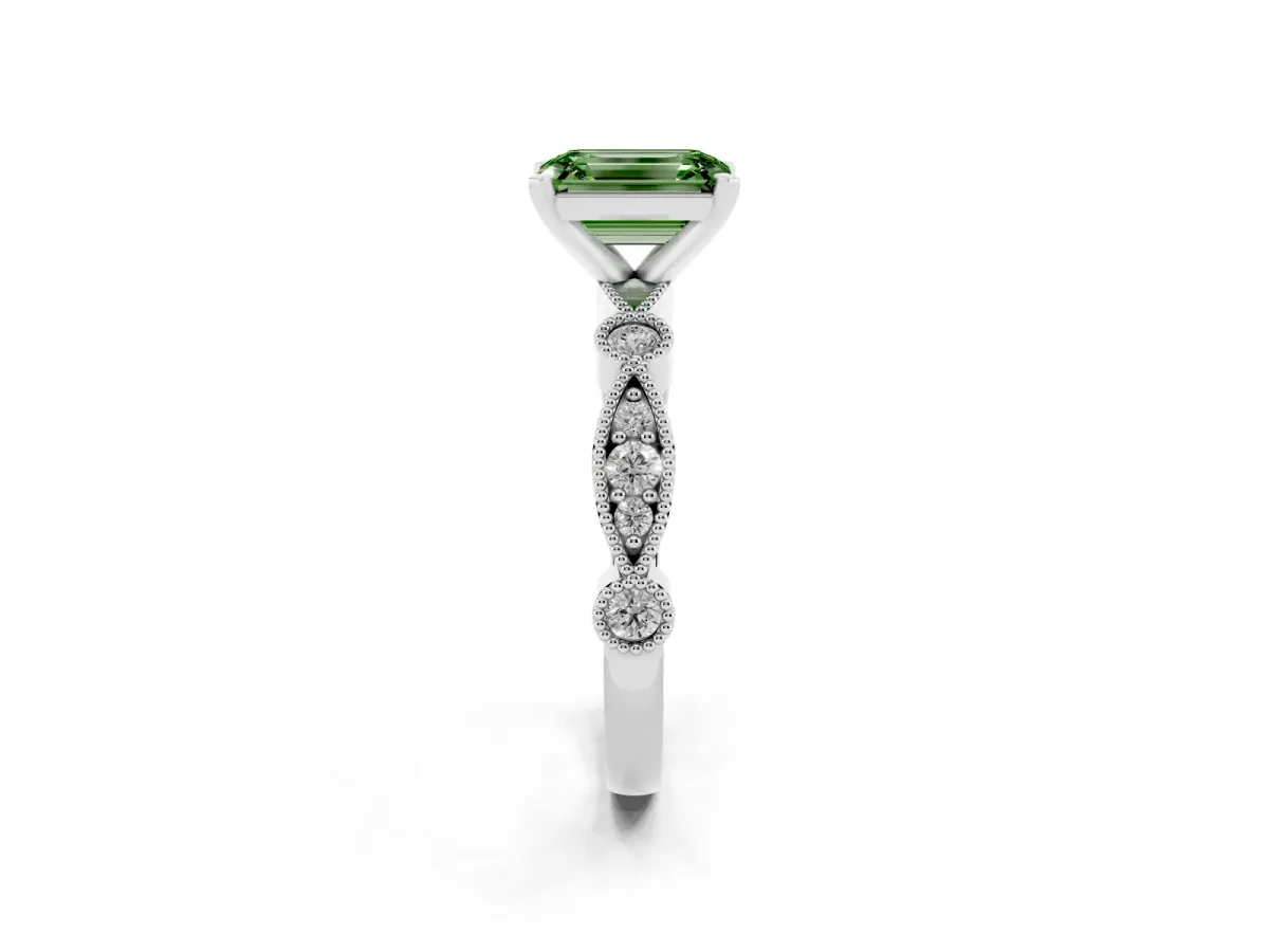 Fancy Green Emerald Cut Milgrain Bezel Diamond Engagement Ring with Solitaire Prong Setting Silver