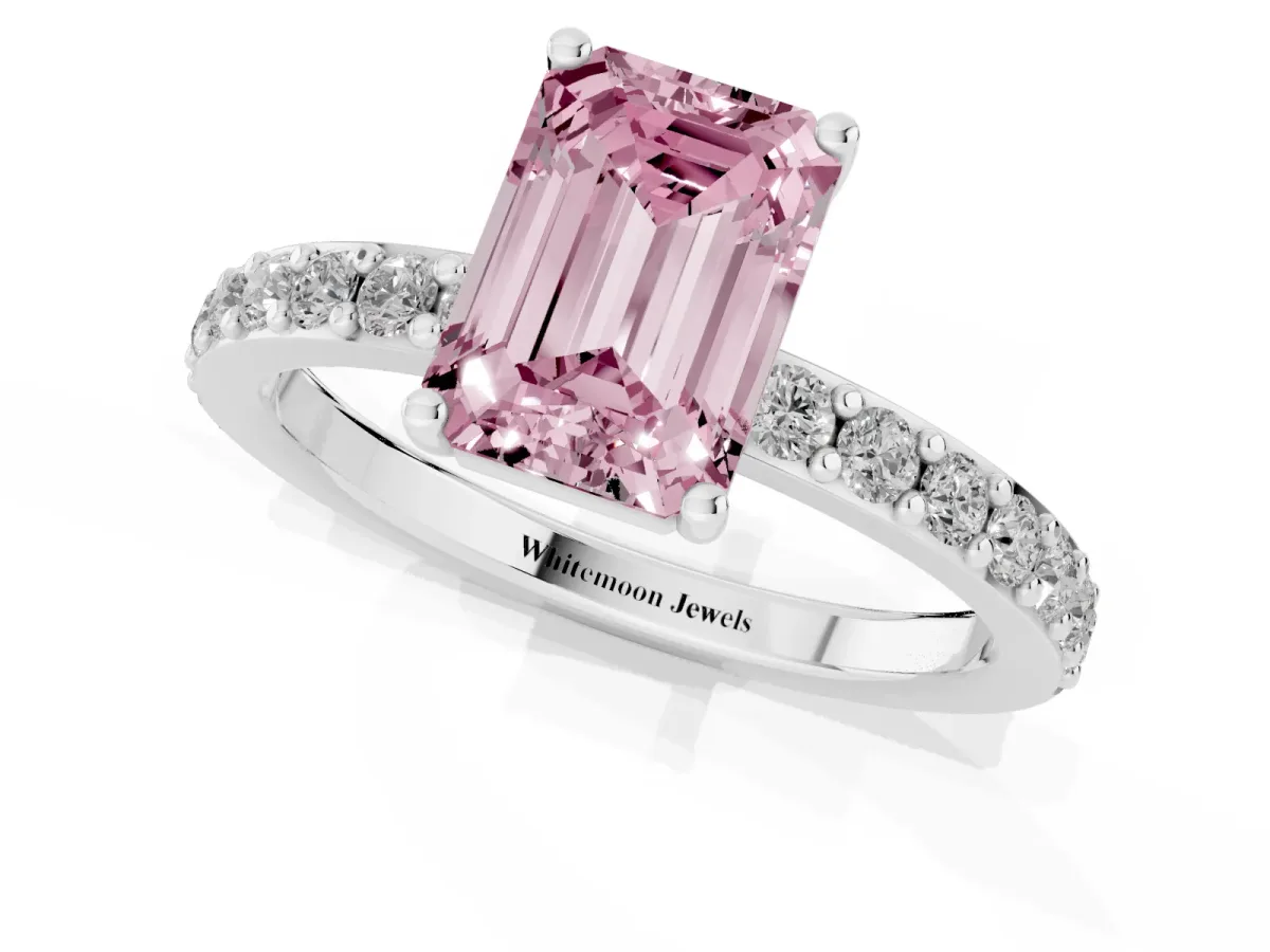 Fancy Pink Emerald Cut Cut Diamond Solitaire with Pave Band and Four-Prong Setting Silver