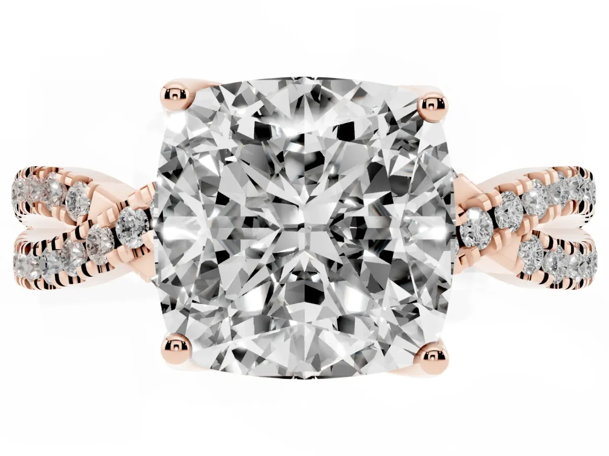 Cushion Cut Solitaire Twist Pave Diamond Engagement Ring with Prong Setting Rose gold