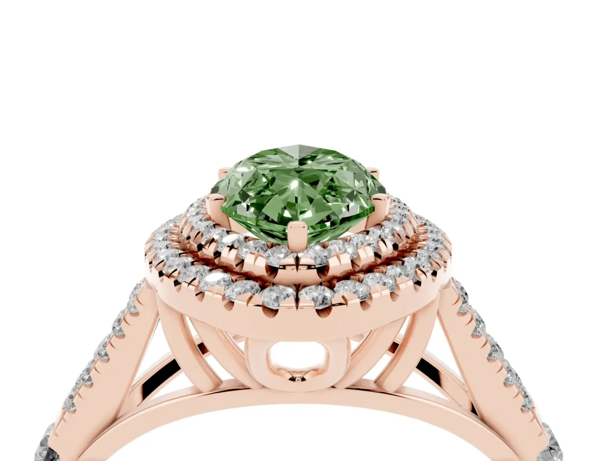 Fancy Green Marquise Cut Cut Double Halo Split Shank Diamond Ring with Prong Setting Rose gold