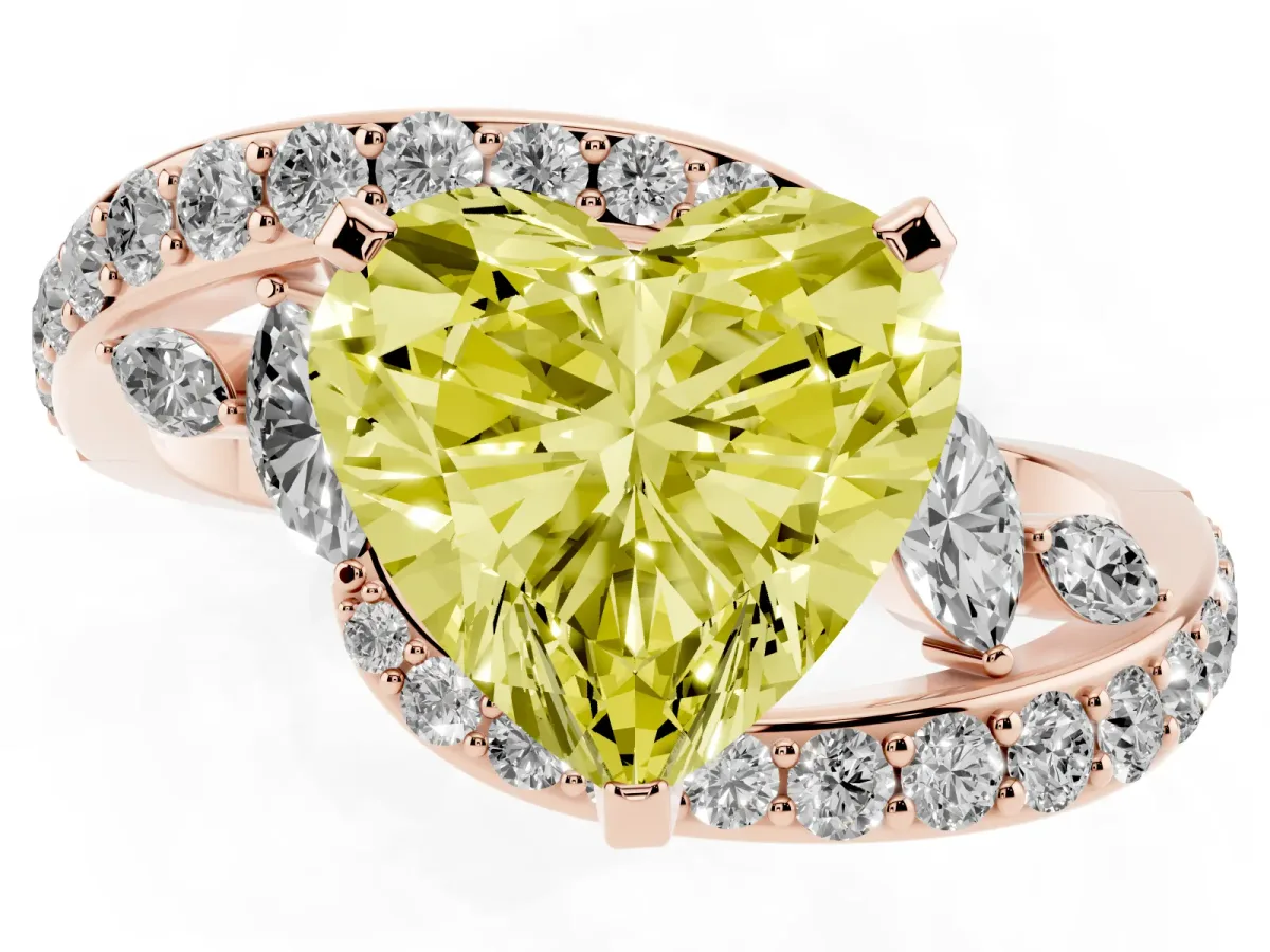 Fancy Yellow Heart Cut Solitaire with Pavé Twist Band and Four-Prong Setting Rose gold
