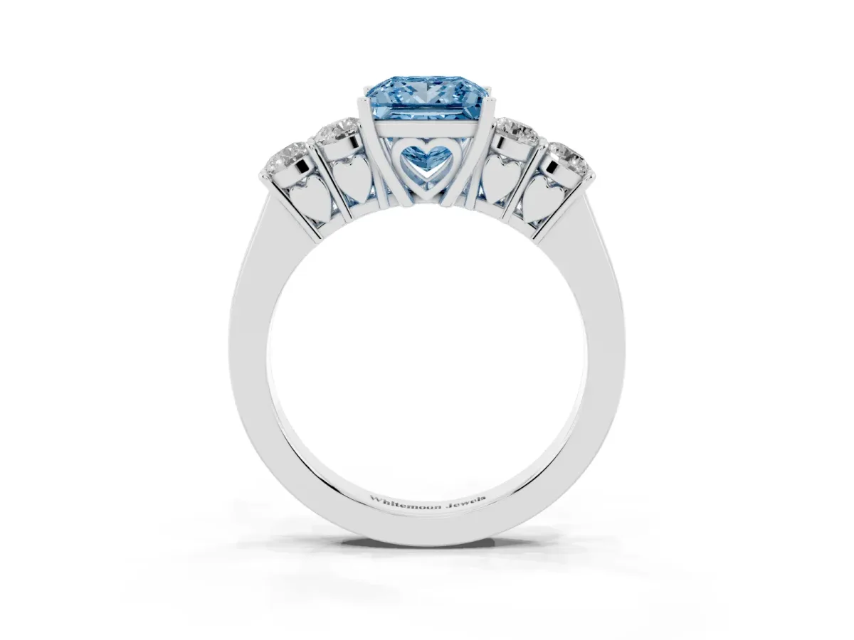Fancy Blue Princess Cut Cut Diamond Five-Stone Prong Set White Gold Ring Silver