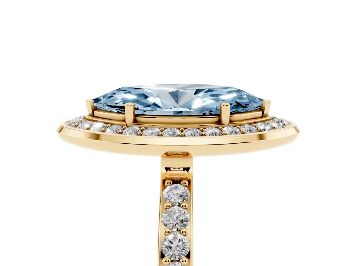 Fancy Blue Marquise Cut Diamond Halo Ring with Bezel Frame and Pavé Band Yellow gold
