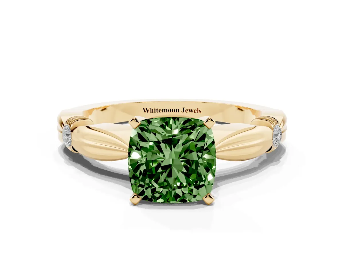 Fancy Green Cushion Cut Solitaire Diamond Twisted Band with Four-Prong Setting Yellow gold