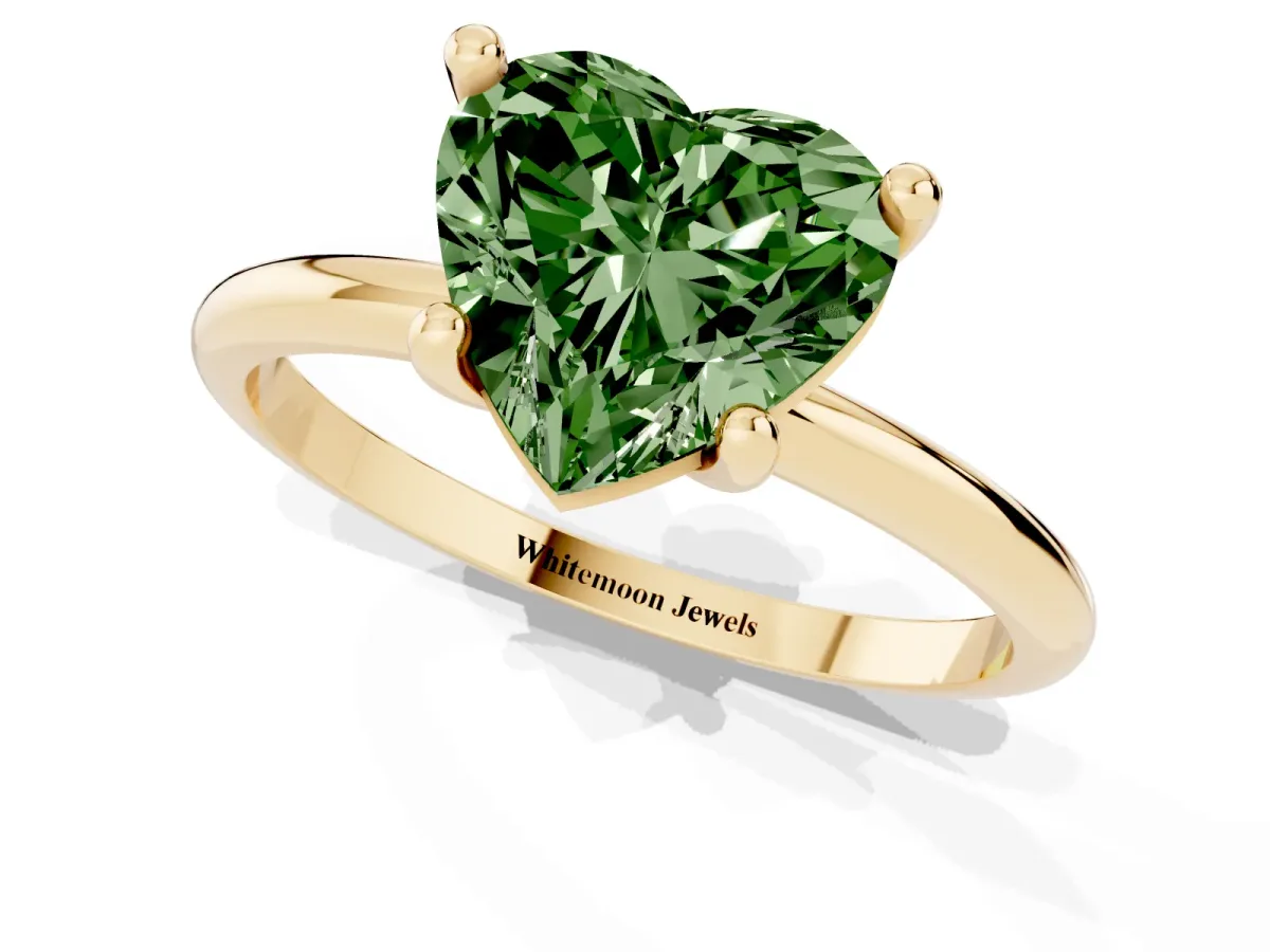 Fancy Green Heart Cut Solitaire Diamond Ring with 4-Prong Setting on a Classic Band Yellow gold