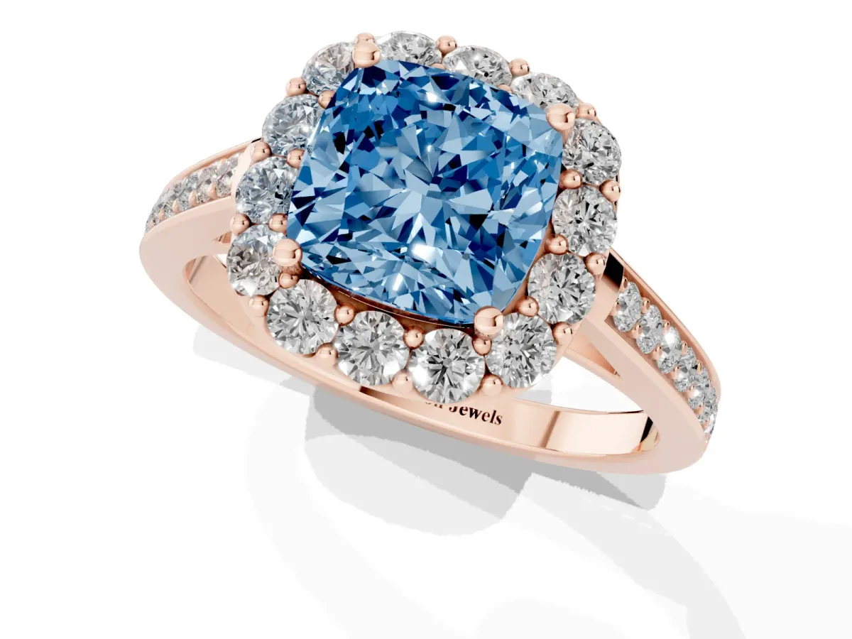 Fancy Blue Cushion Cut Diamond Floral Halo Ring with Pavé Band and Prong Setting Rose gold