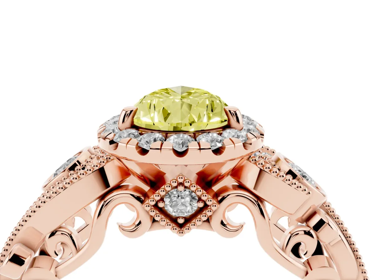 Fancy Yellow Pear Cut Diamond Halo Ring with Milgrain Pavé Band and Four-Prong Setting Rose gold