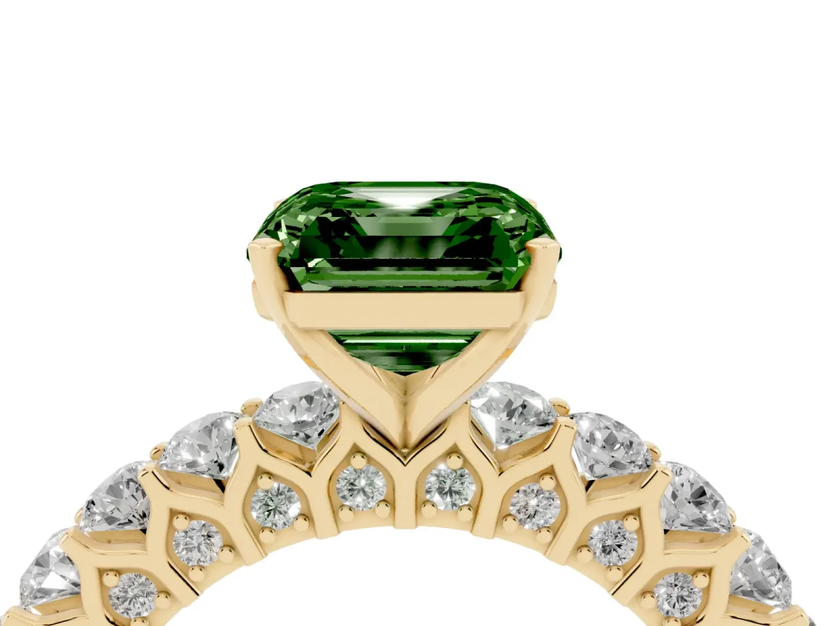 Fancy Green Asscher Cut Diamond Solitaire Ring with Shared Prong Pavé Band and Four-Prong Setting Yellow gold