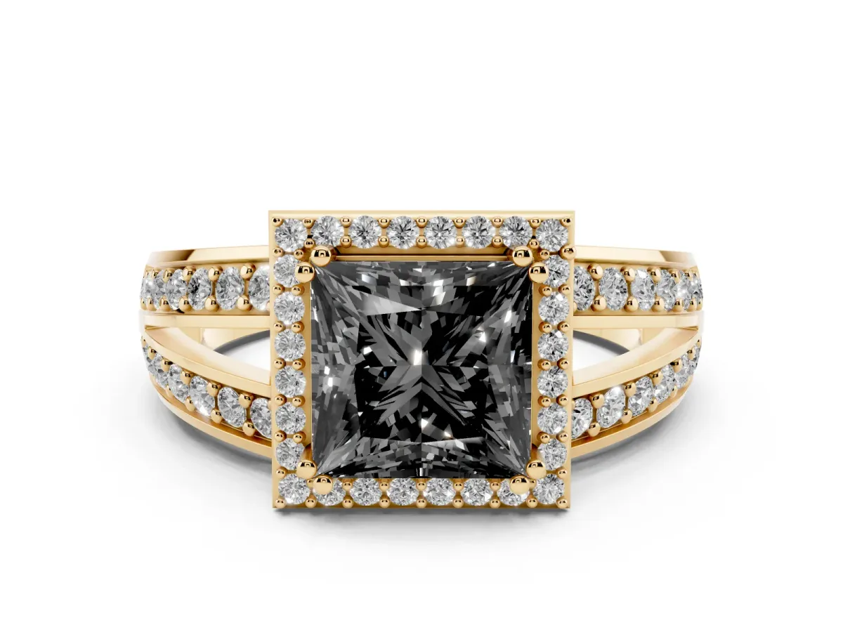 Fancy Black Princess Cut Diamond Halo Ring with Split Shank Pavé Band and Four-Prong Setting Yellow gold