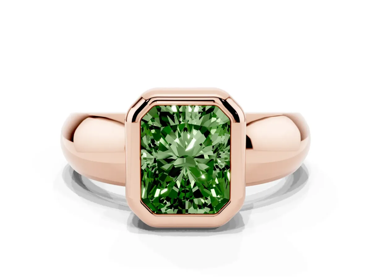 Fancy Green Bezel Set Radiant Cut Solitaire Ring with Wide Band Rose gold