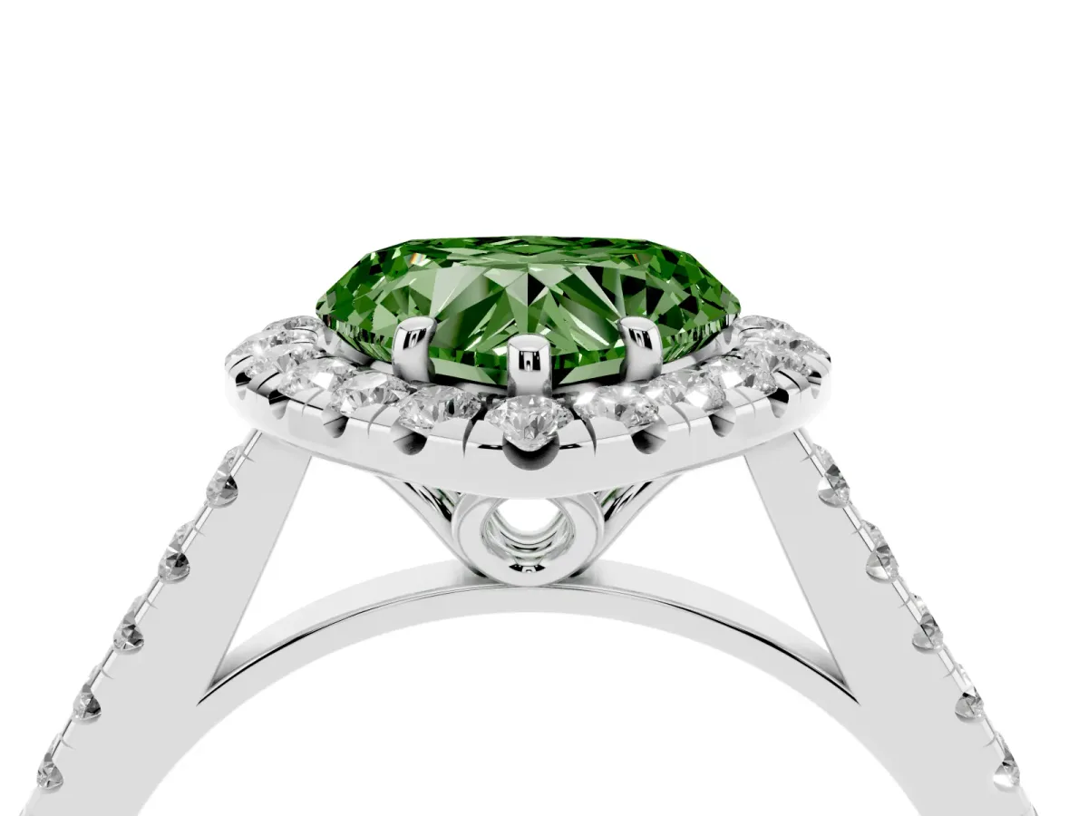 Fancy Green Heart Cut Halo Pavé Diamond Engagement Ring with Four-Prong Setting Silver
