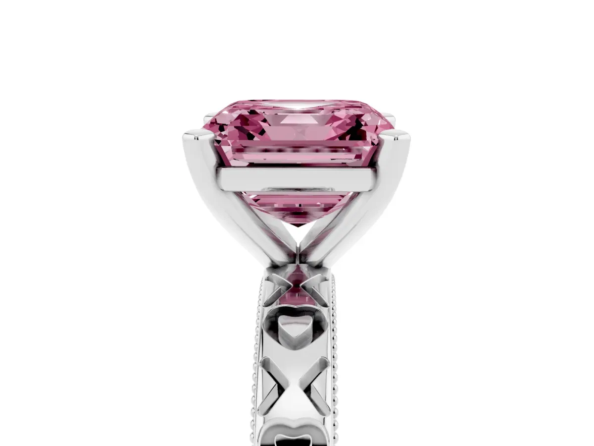 Fancy Pink Asscher Cut Solitaire Diamond Engagement Ring with XO Engraved Band and Four-Prong Setting Platinum