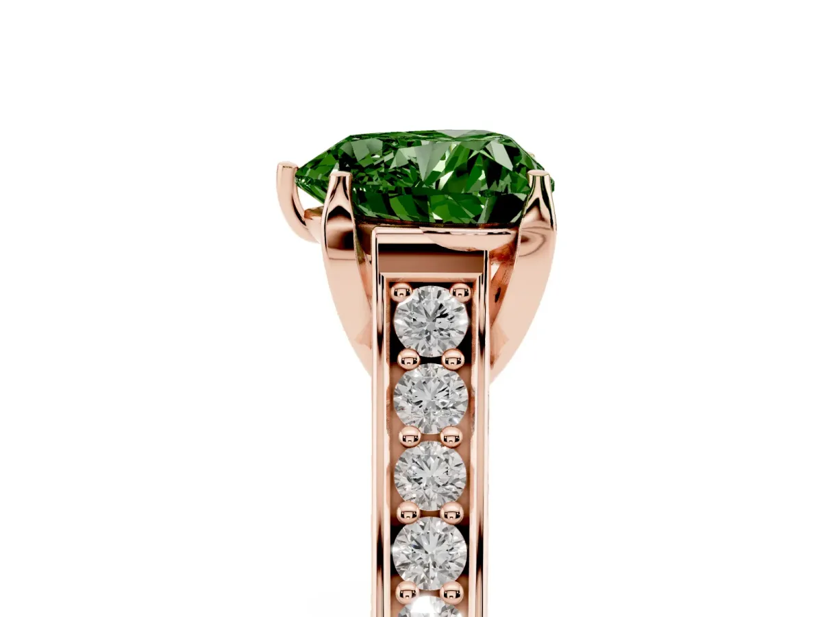 Fancy Green Heart Cut Brilliant Cut Diamond Engagement Ring with Pavé Band and Four-Prong Setting Rose gold