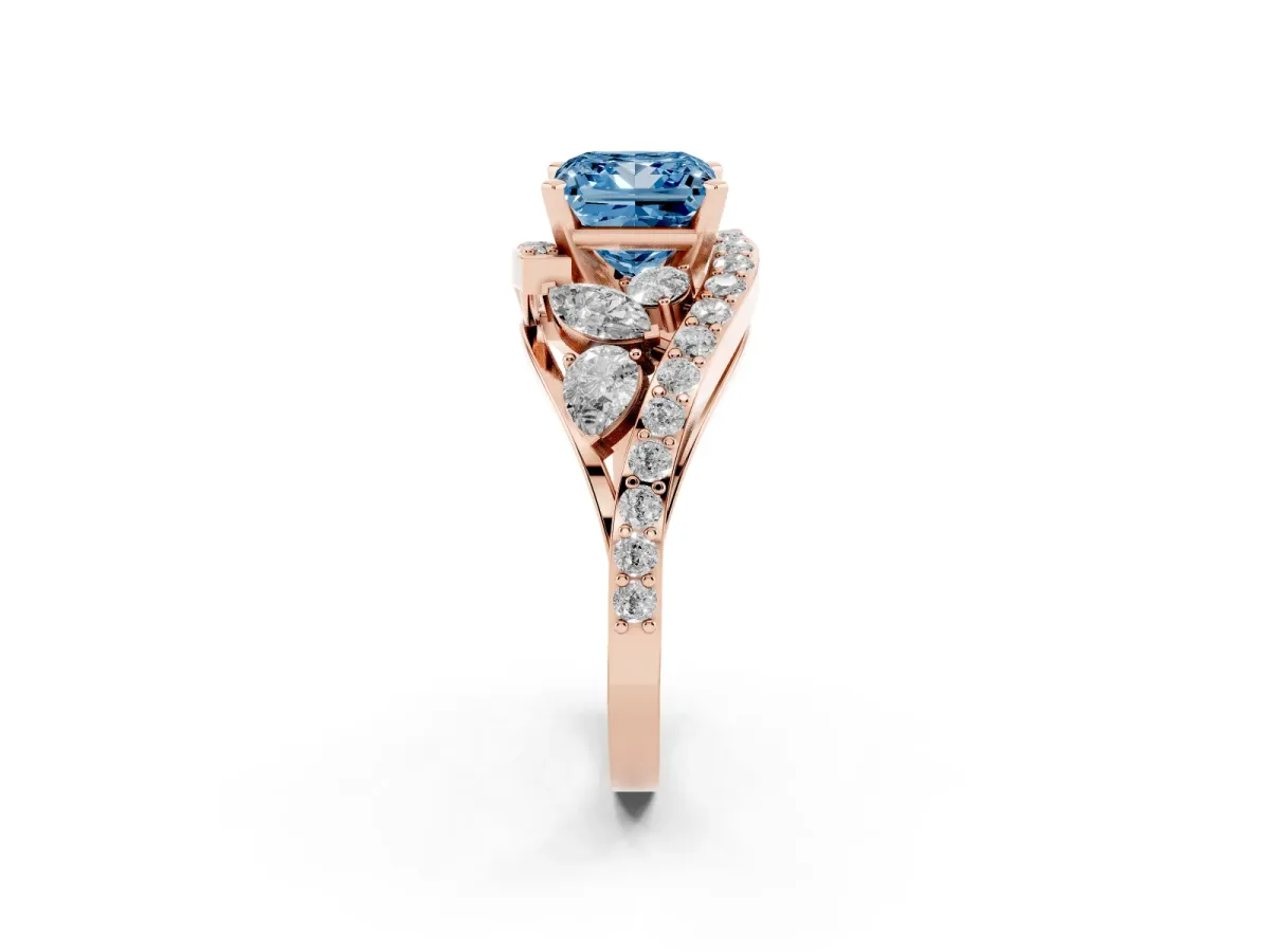 Fancy Blue Princess Cut Diamond Halo Ring with Marquise and Pavé Band in Prong Setting Rose gold