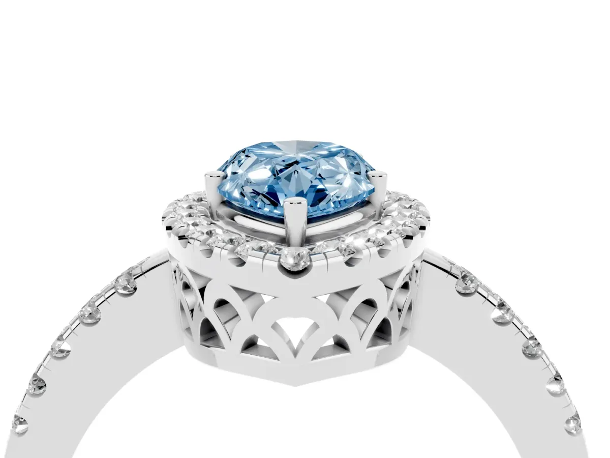Fancy Blue Pear Cut Halo Diamond Engagement Ring with Pavé Band and Four-Prong Setting Platinum
