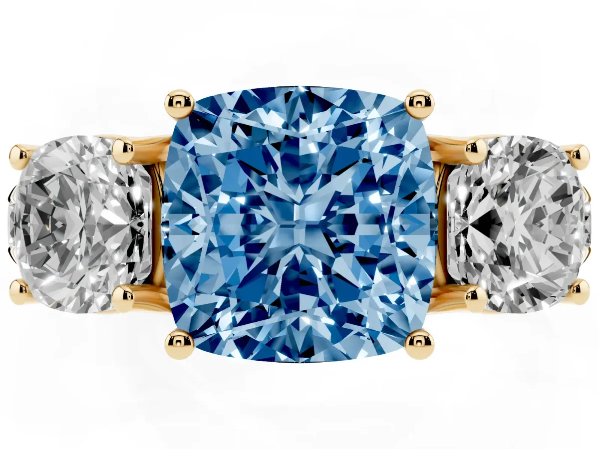 Fancy Blue Three-Stone Cushion Cut Diamond Pavé Band with Prong Setting Yellow gold